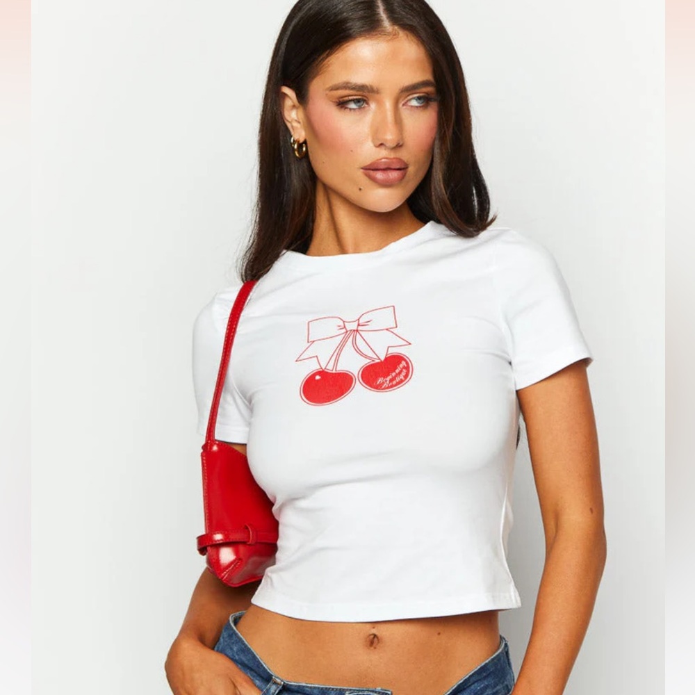 Beginning Boutique- Cherry White Baby Tee